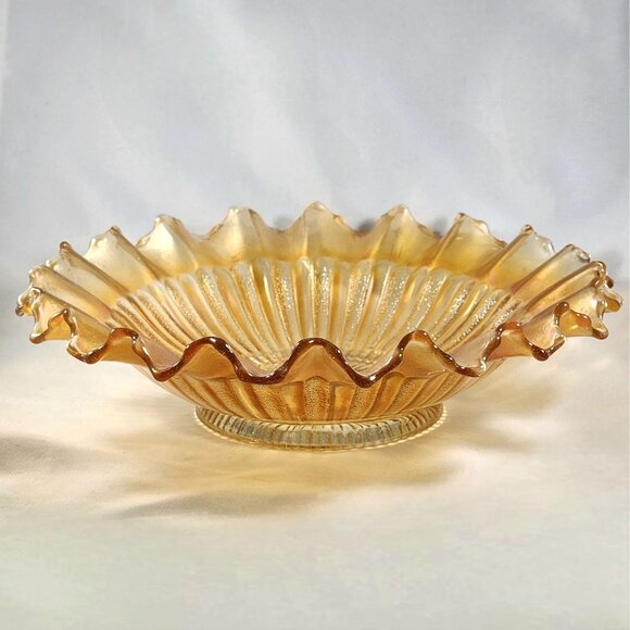 Vtg Northwood Carnival Glass Bowl Opalescent Orange Peach Ruffled Ribbed Pattern - Picture 2 of 9